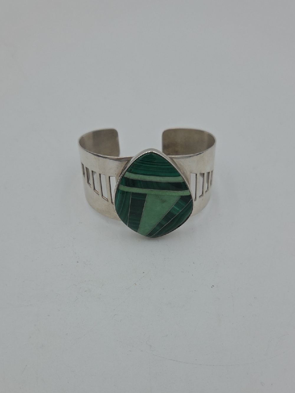 Brian Bruce Sterling Silver Malachite Inlay Cuff Bracelet